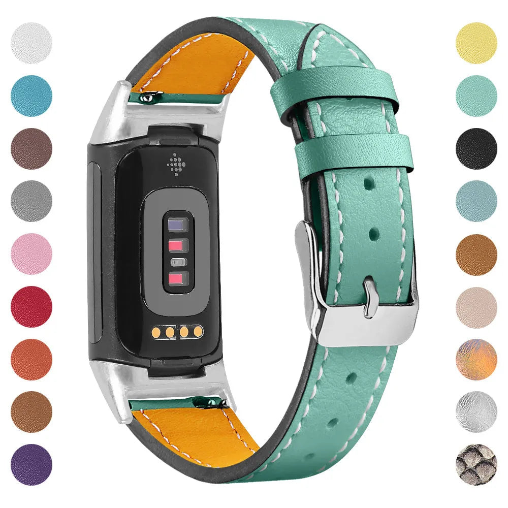 Genuine brown leather watch strap for Fitbit Charge 5 and Charge 6 smartwatches.