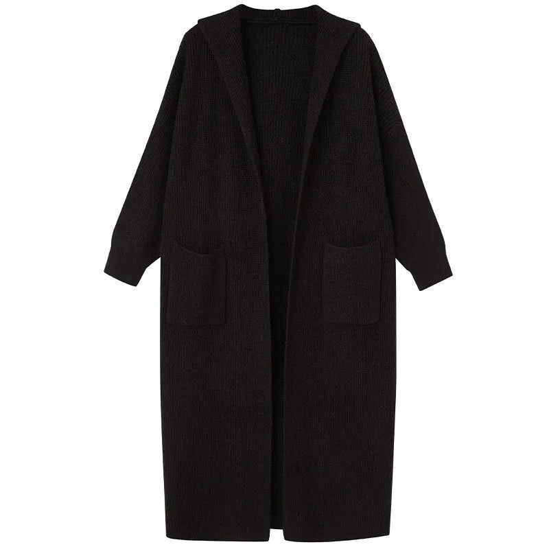 Long grey knitted hooded trench coat with a loose, cardigan-style fit and long sleeves.