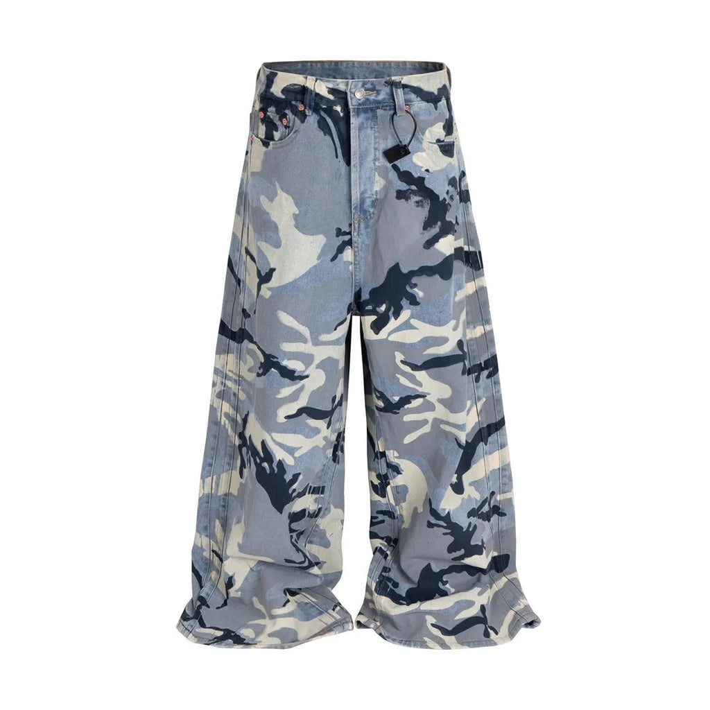 Snow camouflage blue loose fit jeans with micro-elastic denim fabric