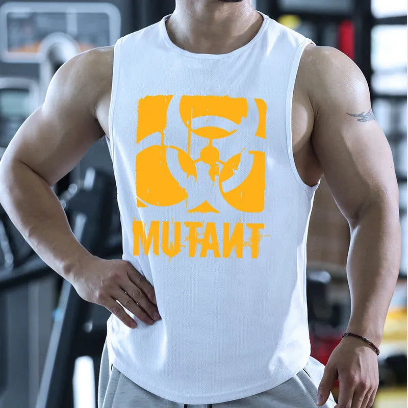 Man wearing a loose grey sleeveless polyester fitness vest for gym workouts.
