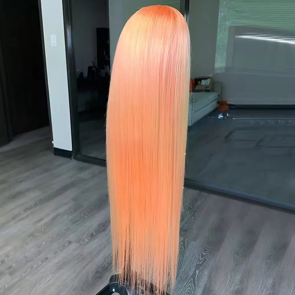 Light orange long straight front lace synthetic wig with side bangs on a mannequin head.