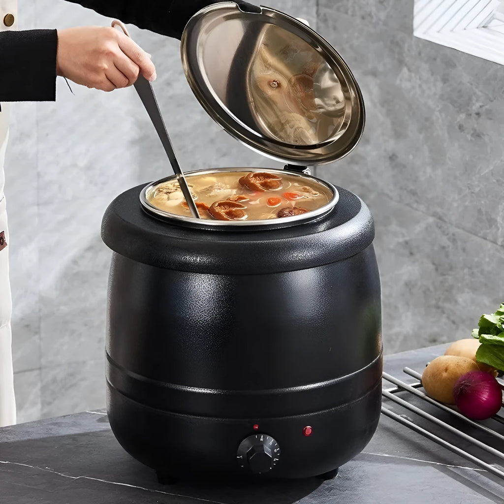 Black 10 litre stainless steel insulation pot with steel cover and electric heating function