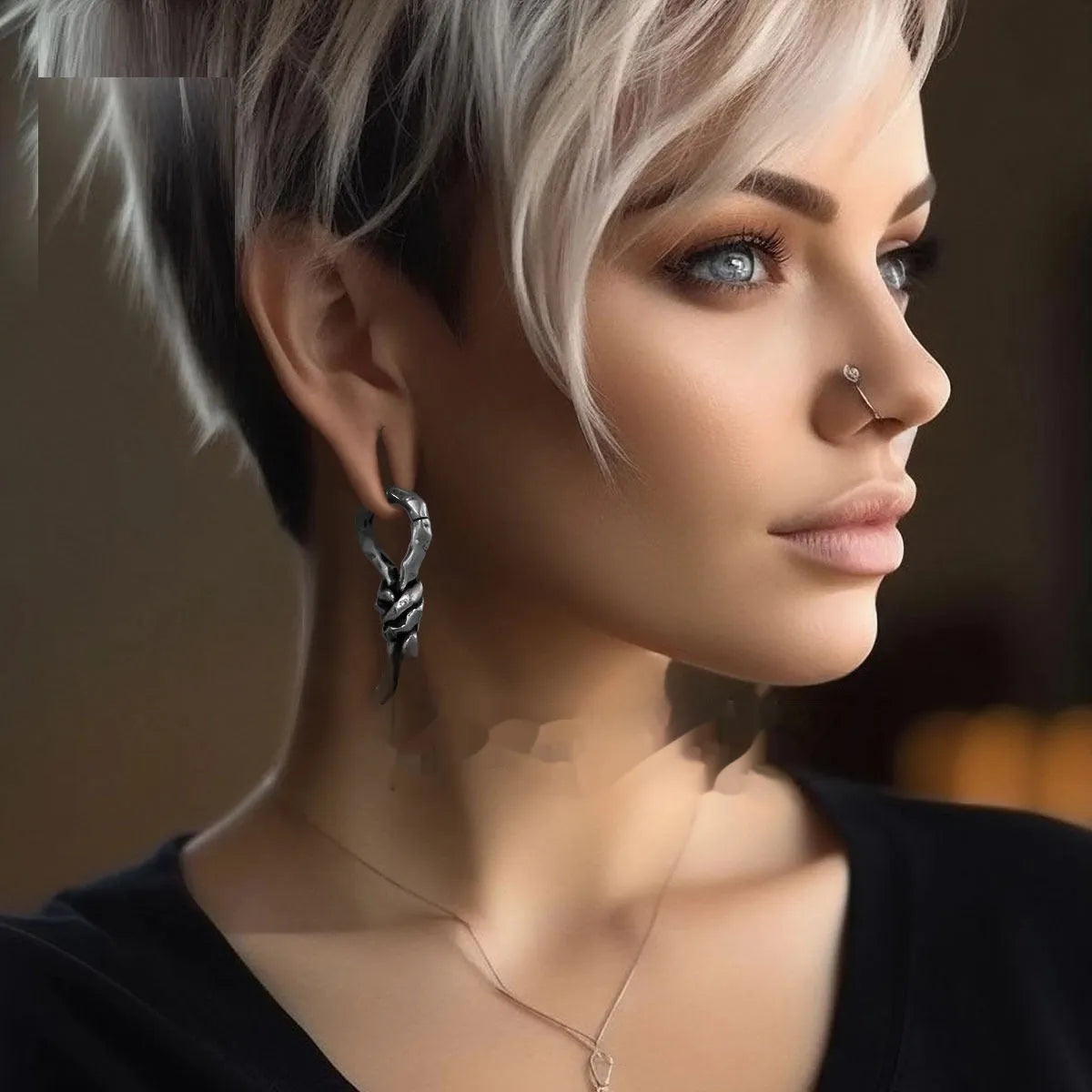 Close-up of a 4mm copper piercing earring with a bending, connecting retro shape.
