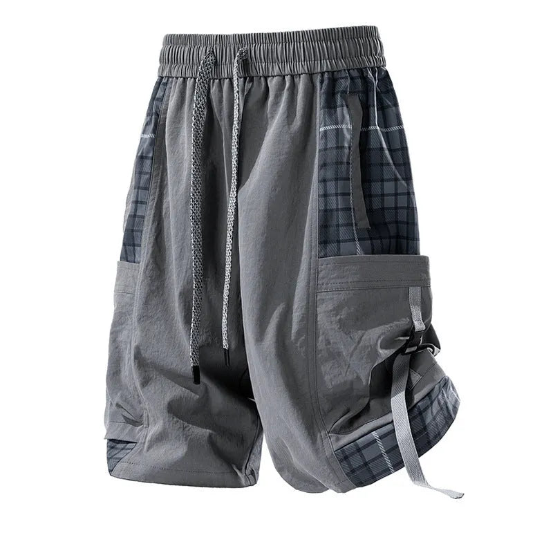 Men's loose fit cargo shorts with plaid stitching detail in black, light grey, and smoky grey colour options