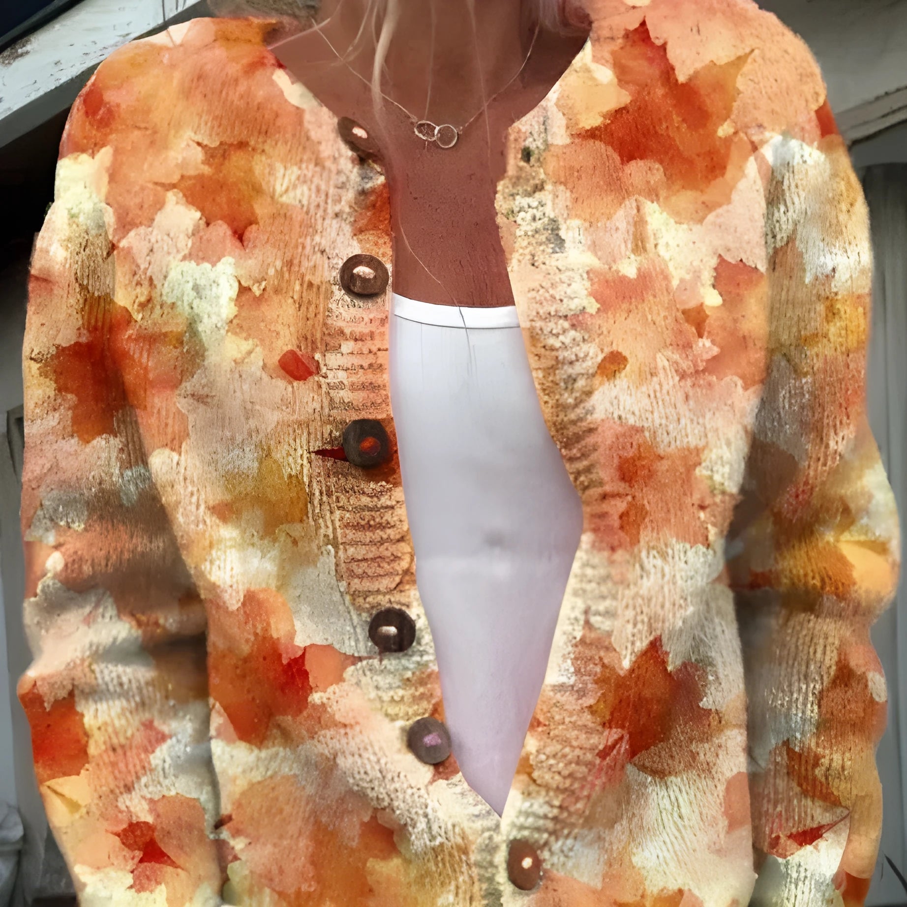 Yellow women's cardigan knitted coat with a raised 3D digital pattern, shown with regular sleeves.