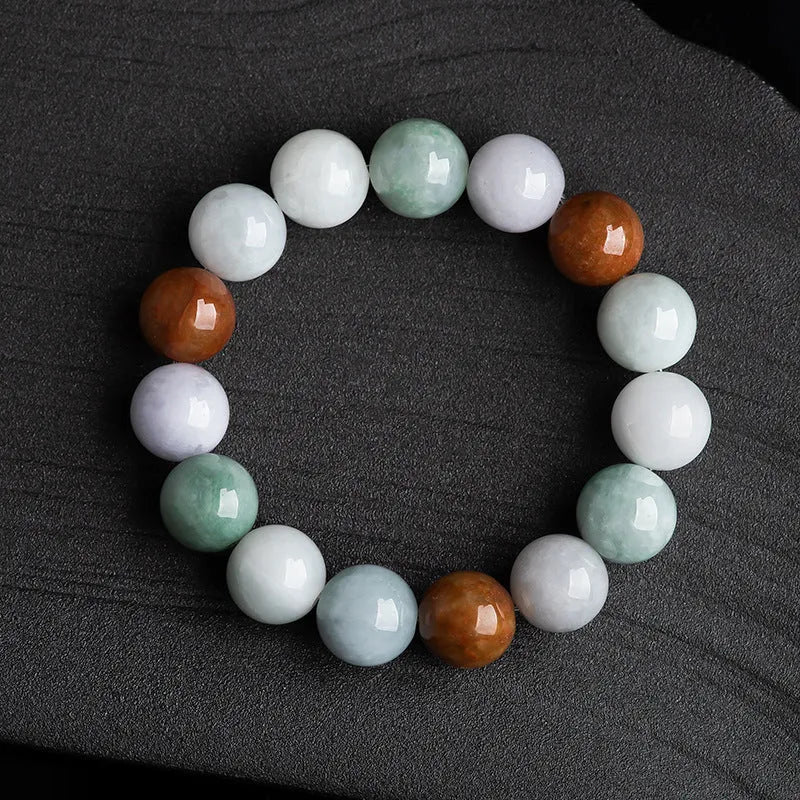 Women's natural Myanmar jade bracelet with 13mm three-colour round beads in national style
