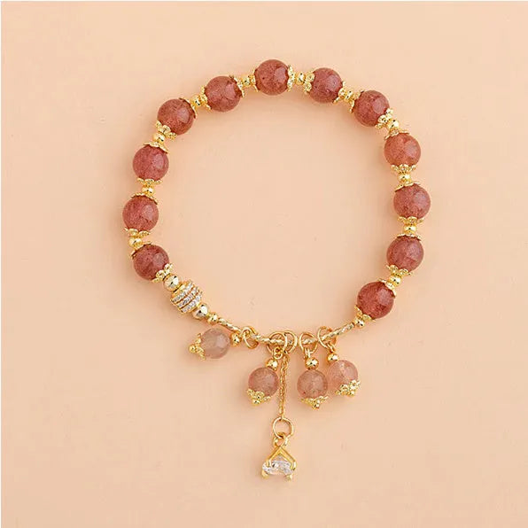 Pink strawberry quartz heart-shaped women's bracelet with natural pearl accents