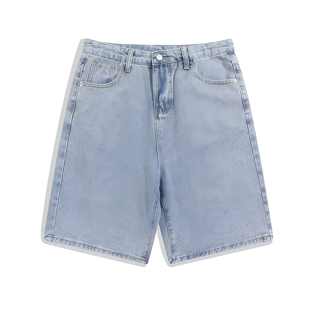 Men's light blue denim shorts with a straight leg design on a mid waist.