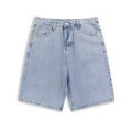 Men's light blue denim shorts with a straight leg design on a mid waist.