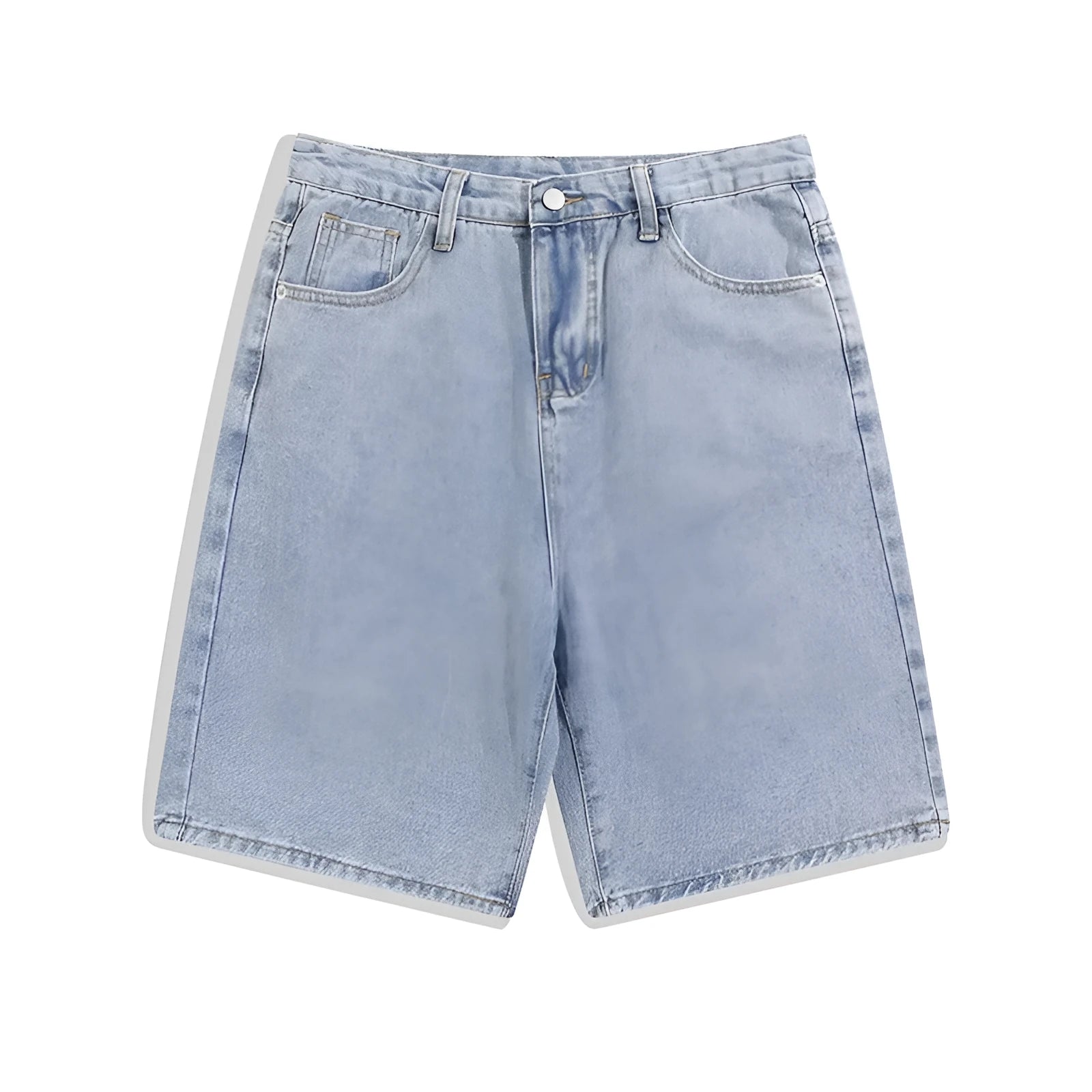 Men's light blue denim shorts with a straight leg design on a mid waist.