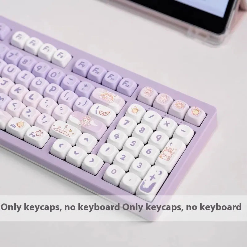 Close-up of a gradient purple and white rabbit design on a PBT mechanical keyboard key cap.