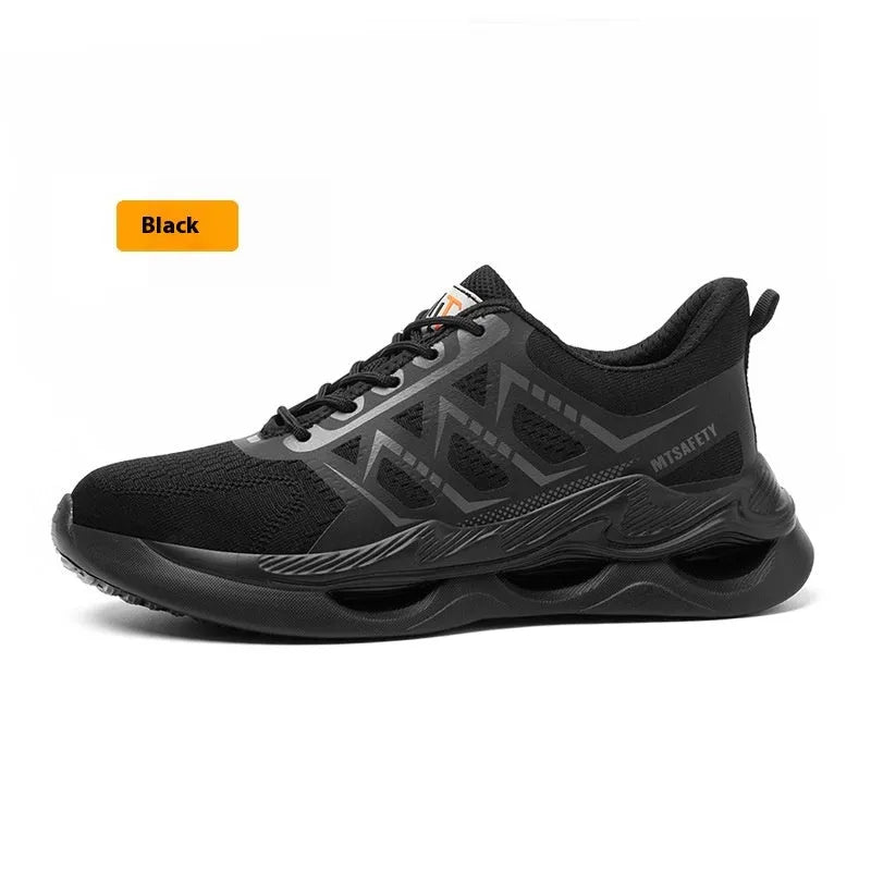 Black lightweight safety work shoes with a steel toe cap, flat knitted upper, and rubber sole shown from the side.