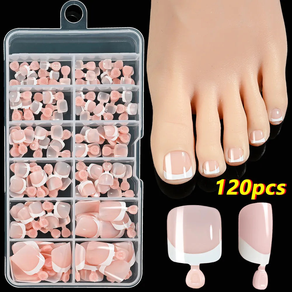 120-piece box of full square short French white tip nude press-on toenails in assorted shades