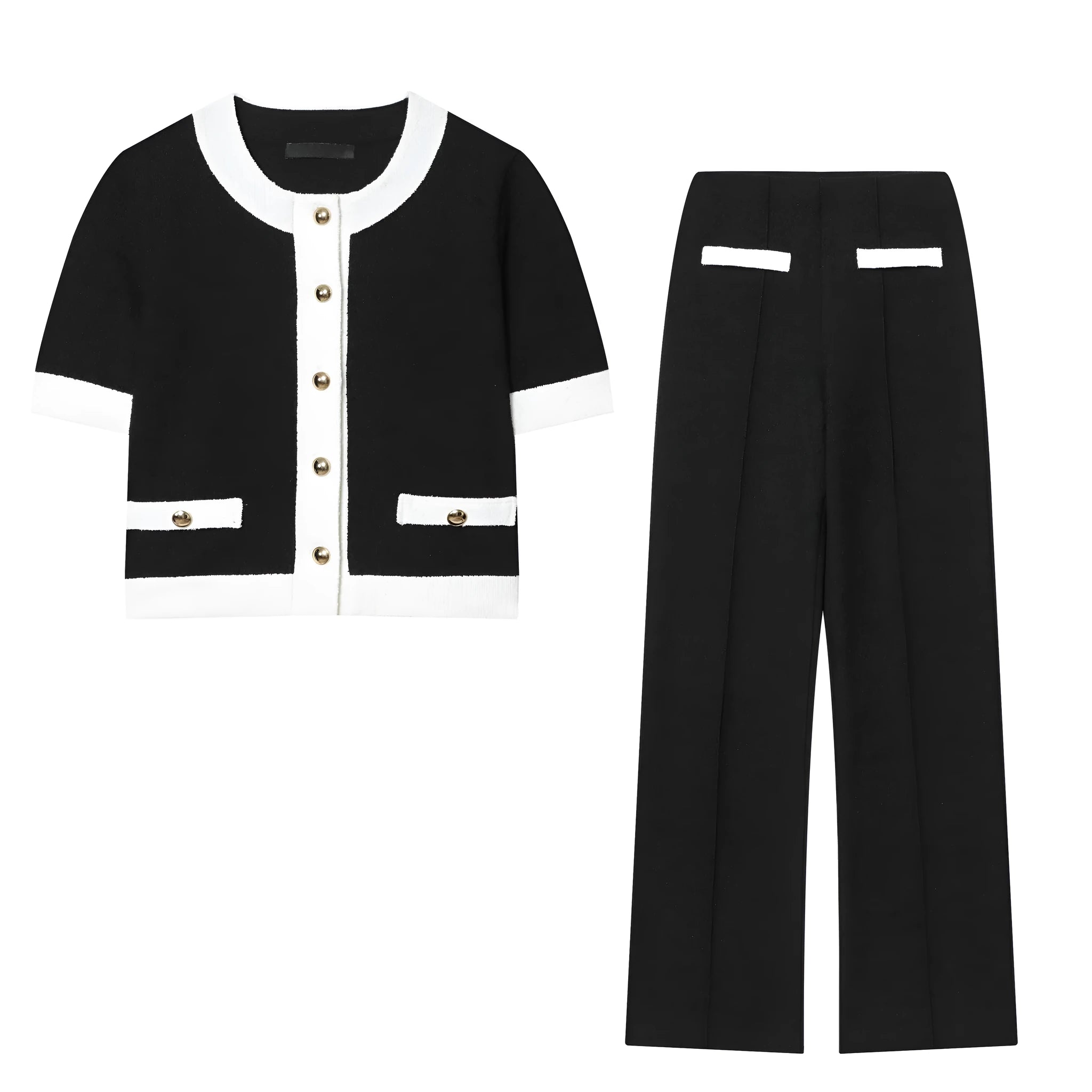 Women's two-piece street fashion suit with beaded leather detail on top and stretch high-waisted trousers