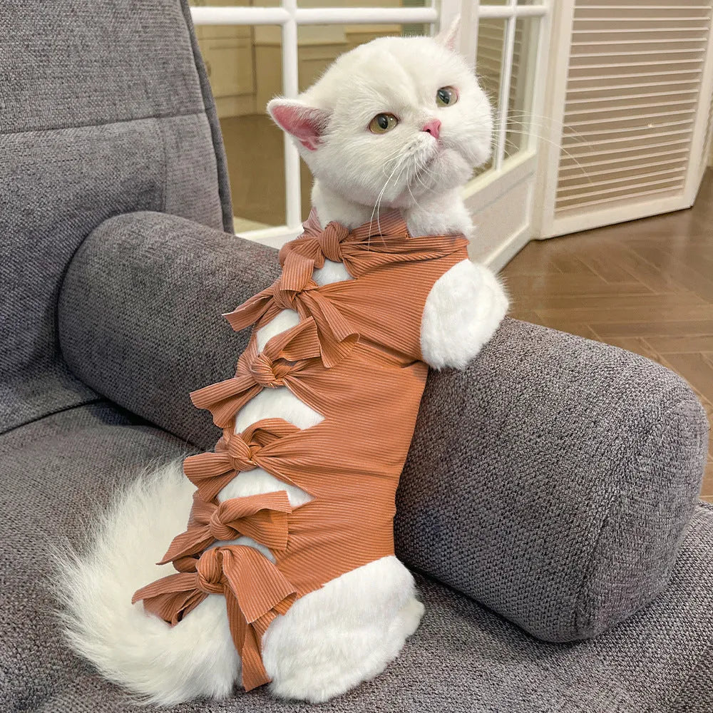 Lace-up polyester cat sterilisation recovery clothing shown in blue on a mannequin.