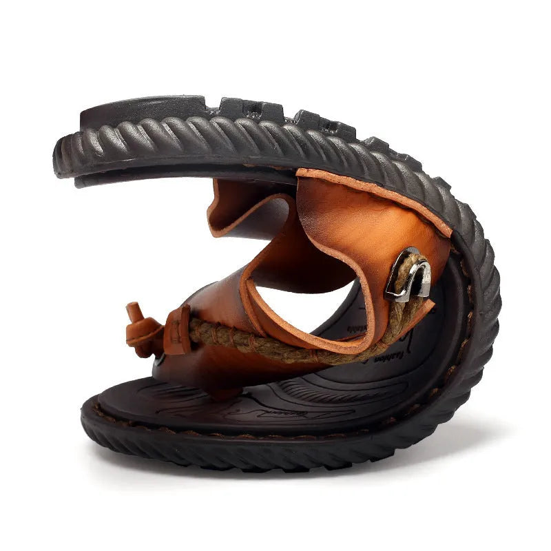 Men's herringbone pattern outdoor slippers in dark blue with leather lining and rubber sole