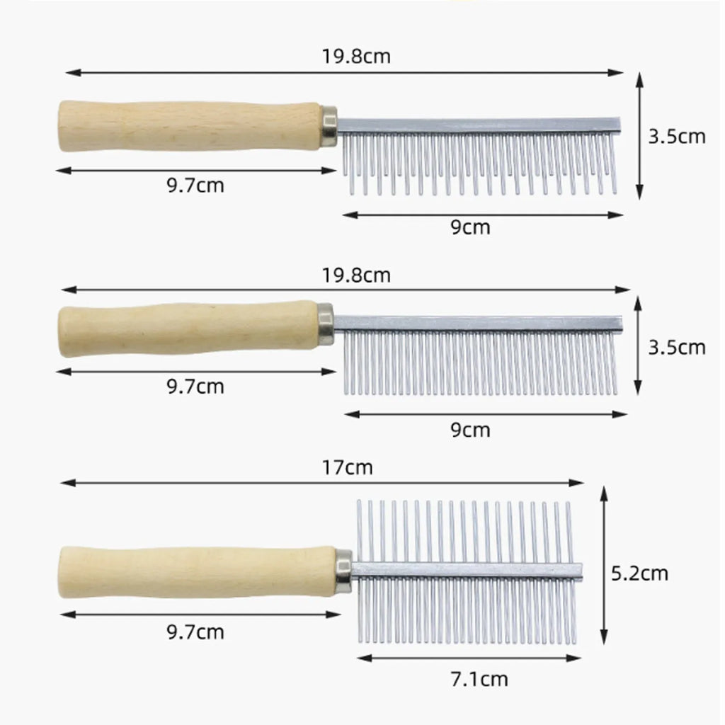 Wooden handle pet grooming comb for dogs and cats on a plain background.
