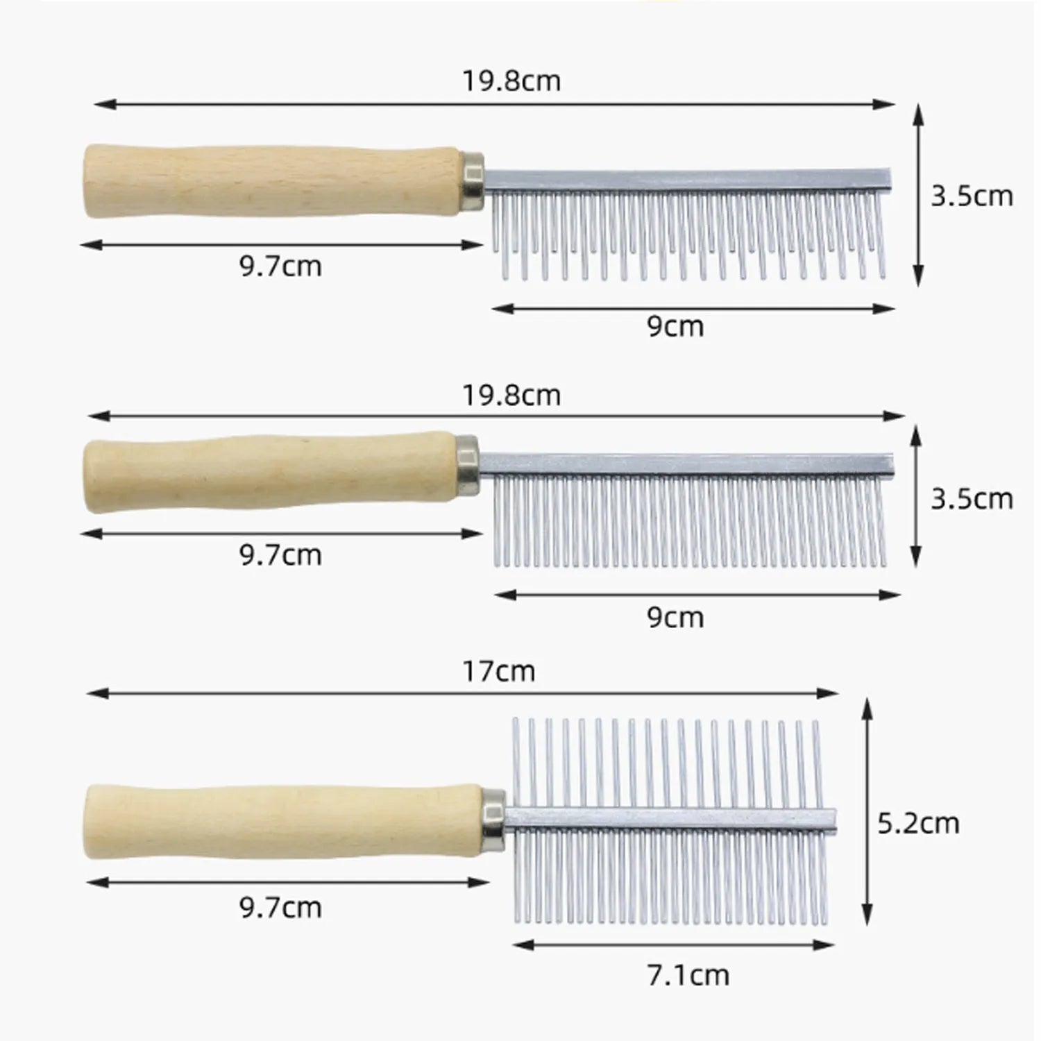 Wooden handle pet grooming comb for dogs and cats on a plain background.