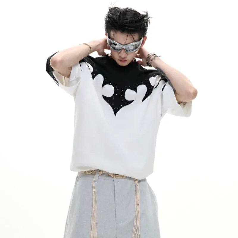 Men's grey t-shirt with 3D stitching and burnt flower rhinestone design on heavy cotton fabric