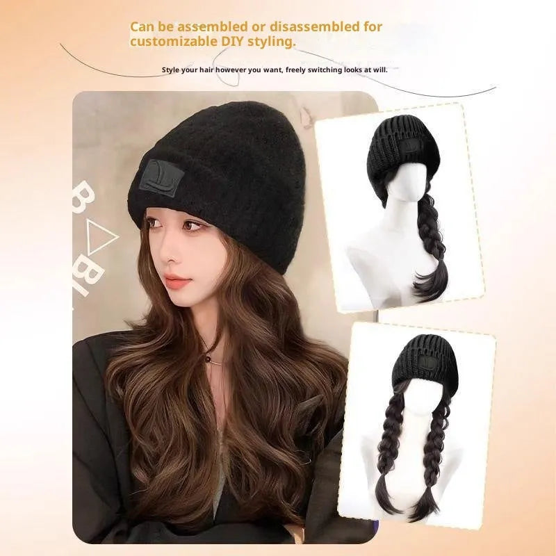 Hat women's big head small integrated fashion big wave full-head wig in protein filament cold brown colour