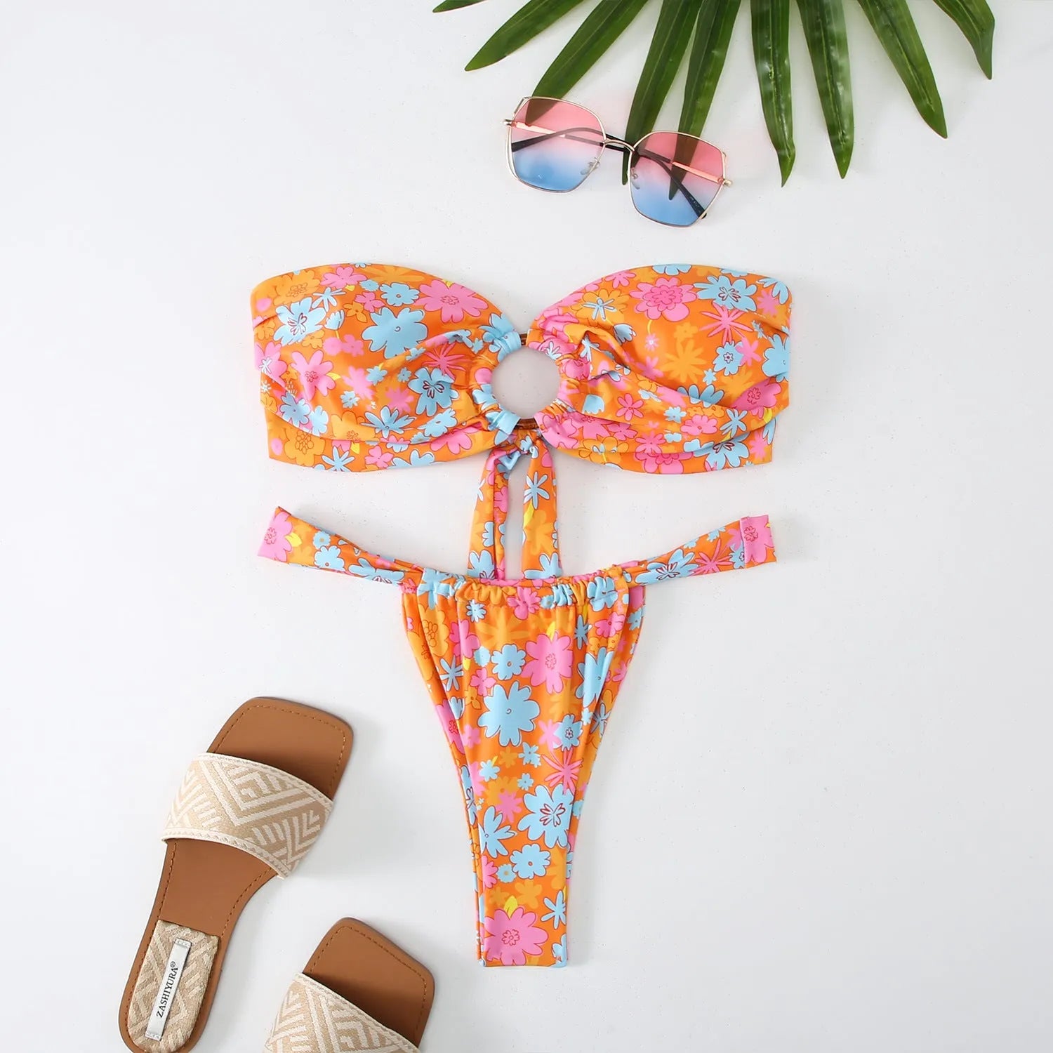 Women's floral printed tube top ring bikini set with backless design and high elasticity fabric