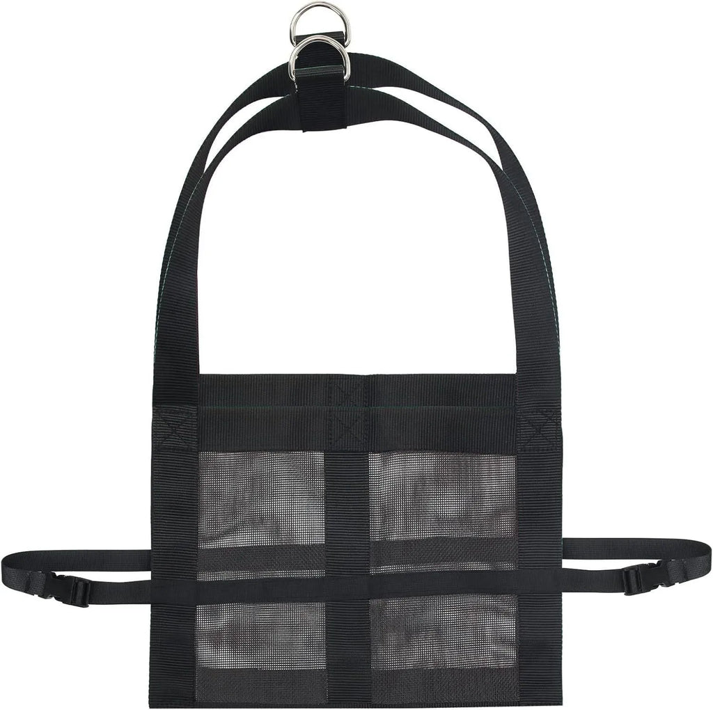 Black polyester weighing sling for calves and large dogs, showing four carry handles.