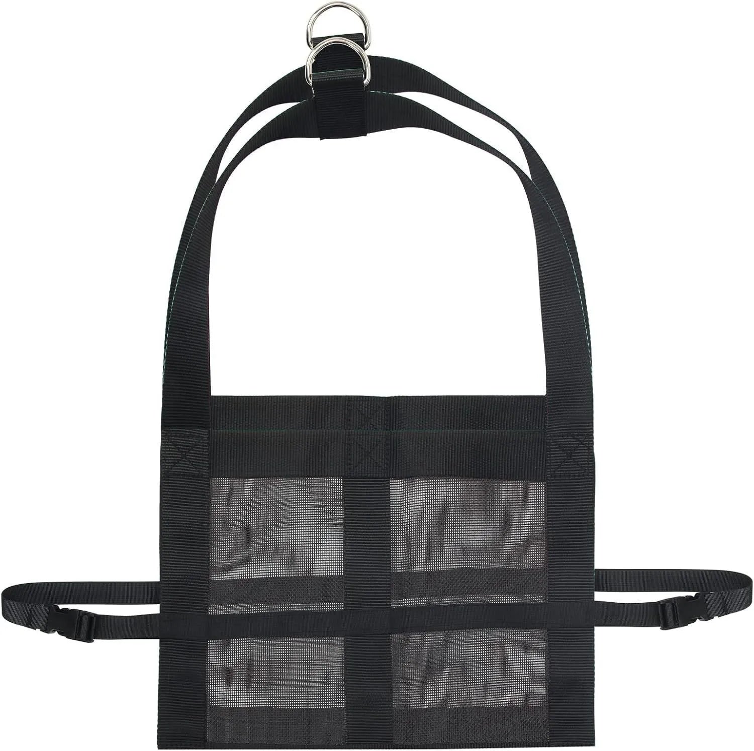 Black polyester weighing sling for calves and large dogs, showing four carry handles.