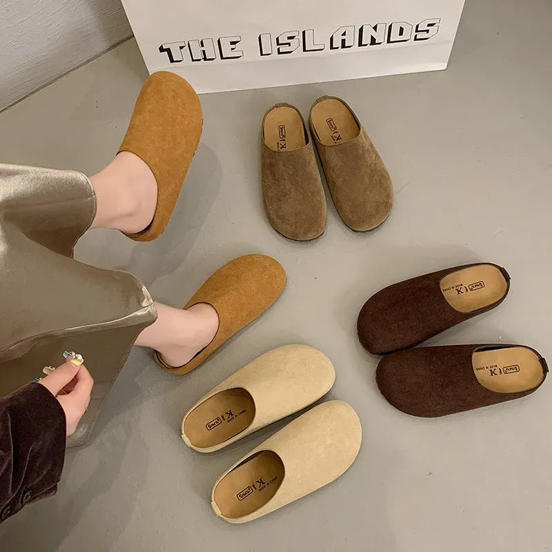 Korean style ugly soft broken slippers in apricot colour with square toe and flat PU sole