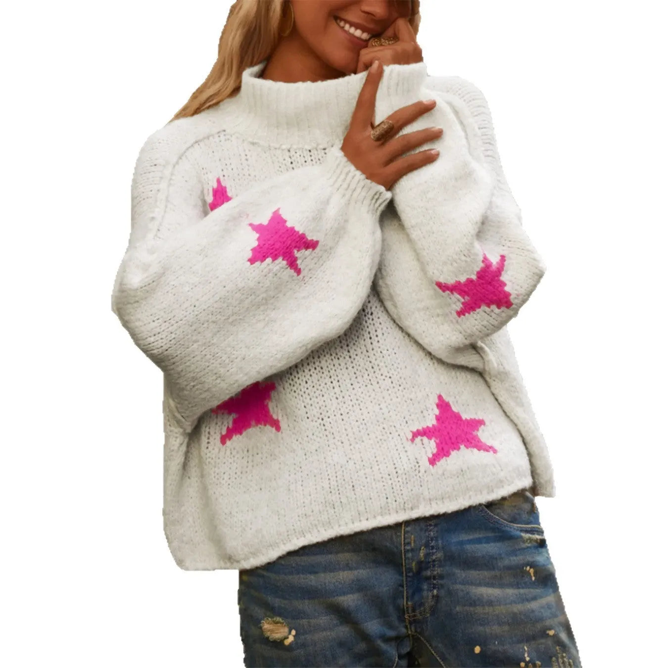 Women's white imitation velvet turtleneck pullover with five-pointed star pattern