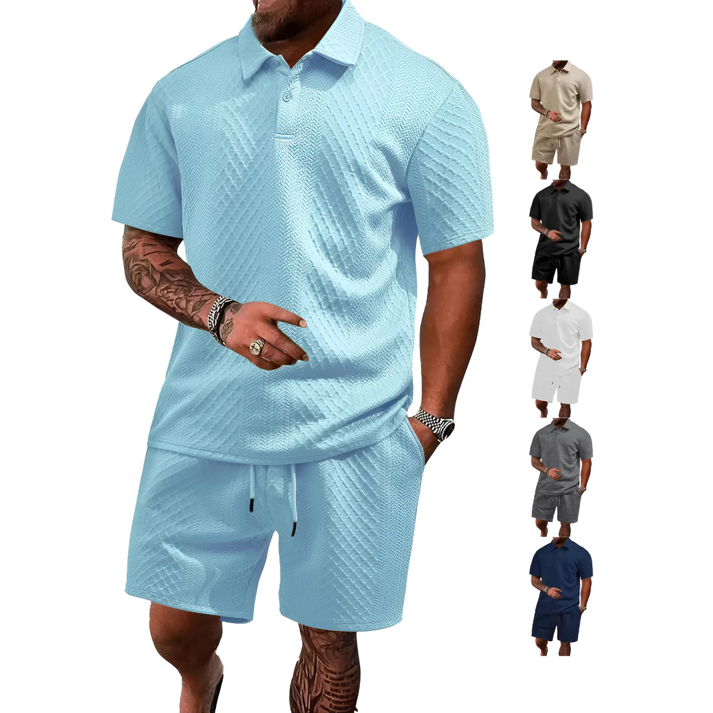 Men's patterned cloth casual suit with short sleeve polo top and matching trousers in multiple colour options