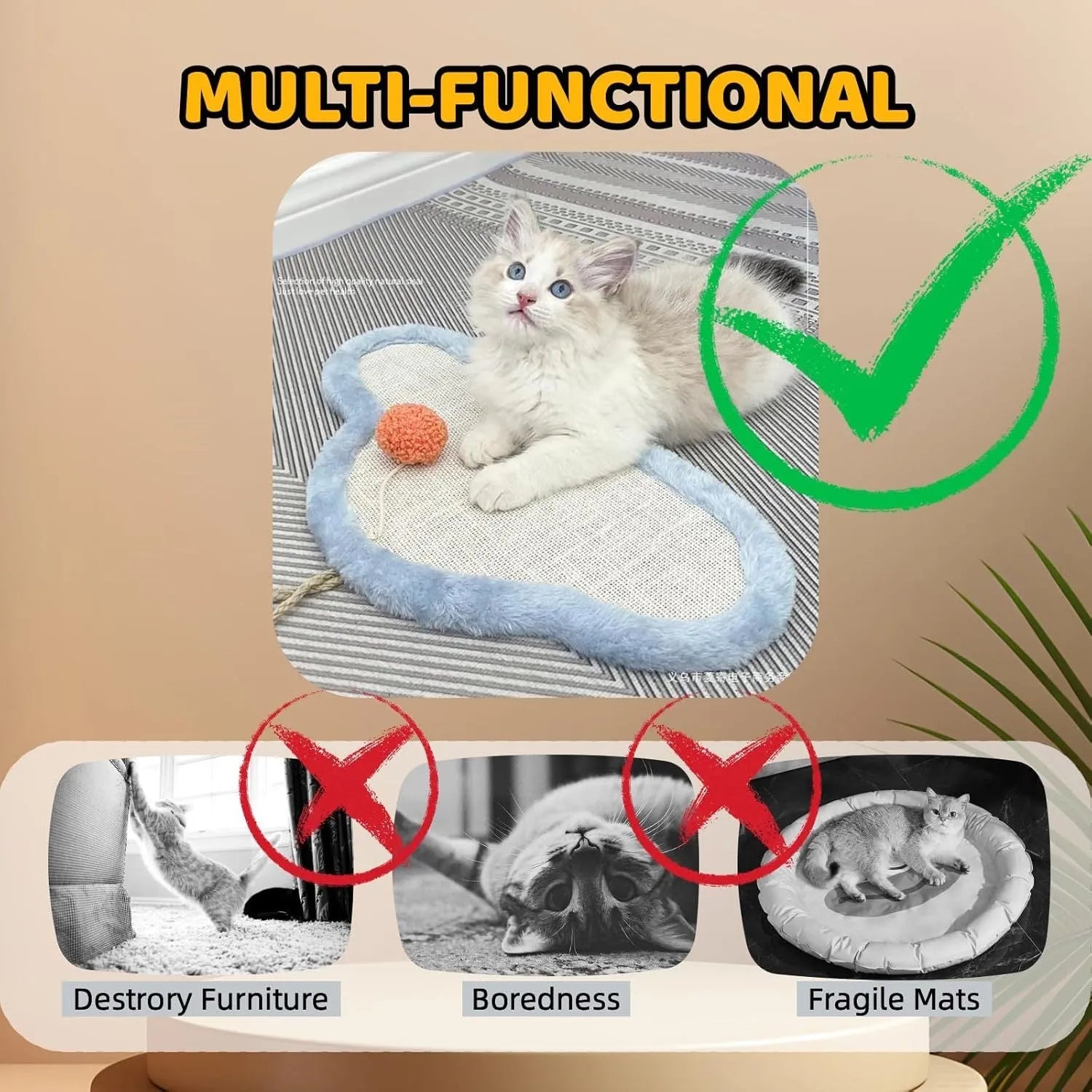 White wall-mounted cat scratching mat with sleeping cat cartoon design on natural sisal surface
