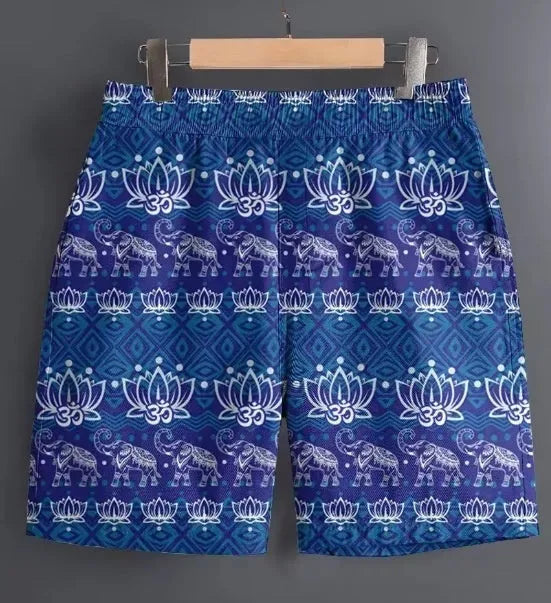 Men's casual polyester shorts in camouflage pattern, laid flat showing waistband and leg.