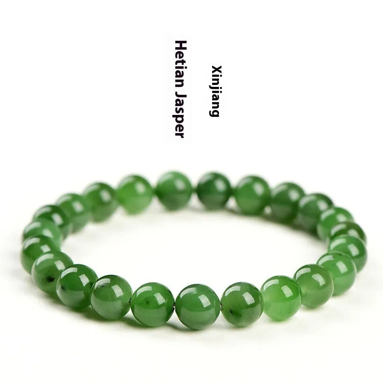 Natural jasper bead bracelet on wrist showing polished Hetian jade construction with multiple bead size options