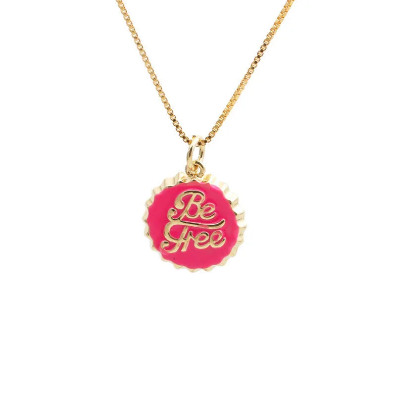 Copper bottle cap pendant necklace with gold plating on a 40cm box chain.