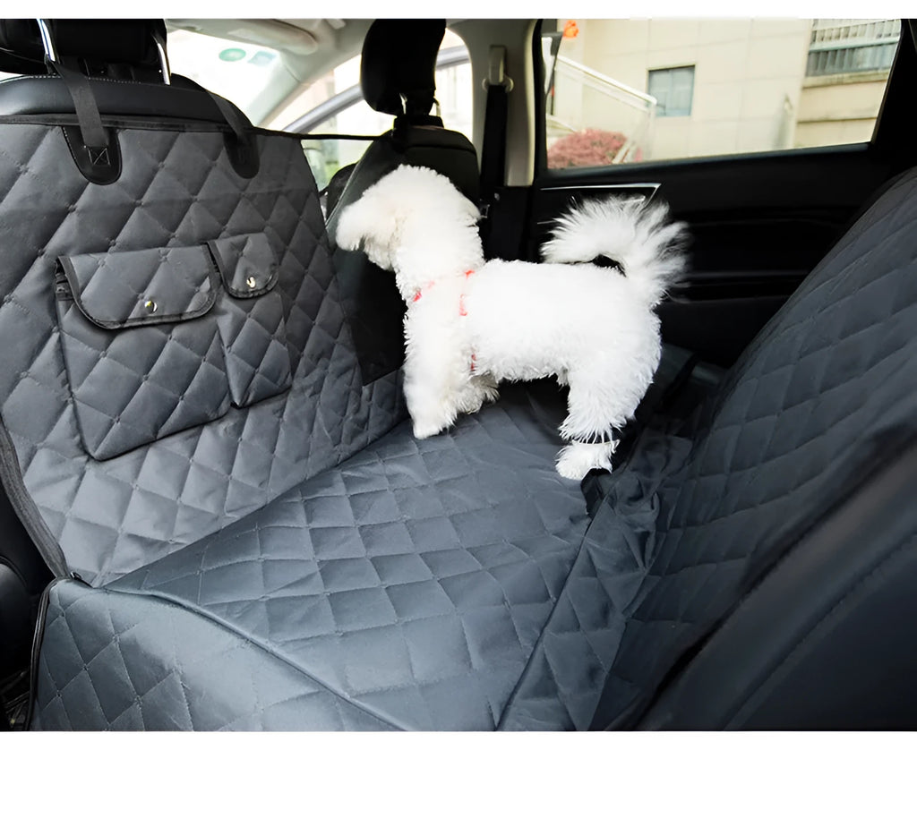 Black polyester two-seater rear car pet mat with detachable construction for pet travel