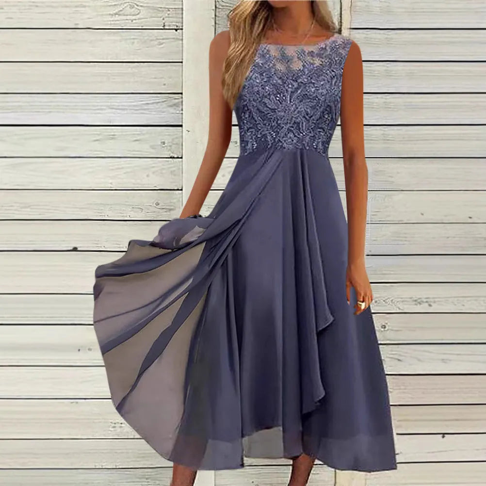 Women's sleeveless chiffon dress with lace hollow-out stitching in green, shown in midi length princess style