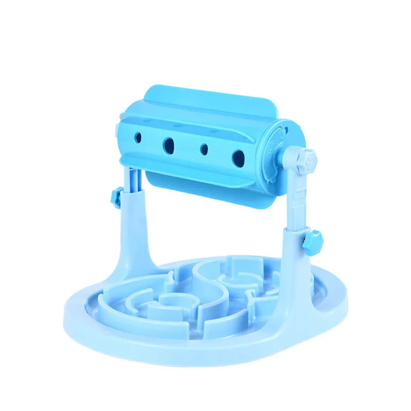Blue interactive pet puzzle feeder bowl with adjustable height mechanism and raised patterns
