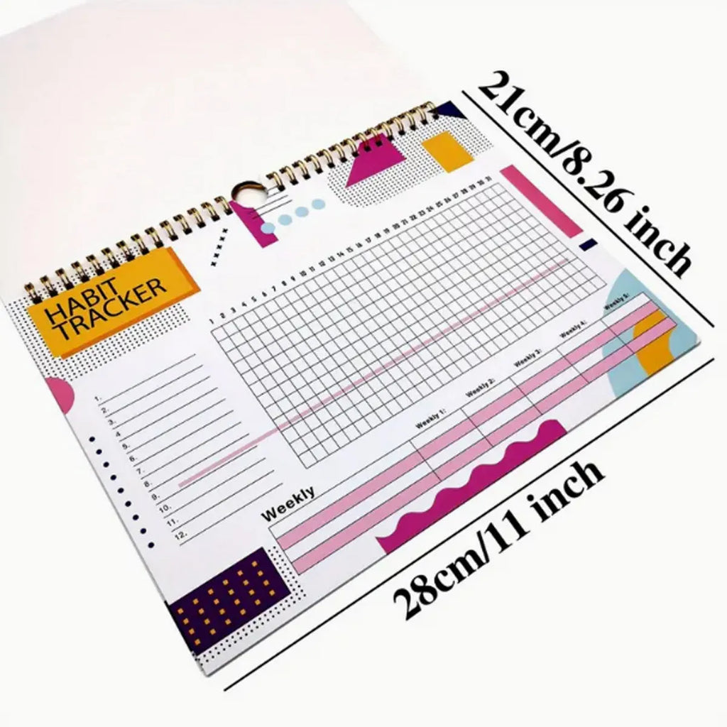 English habit tracking notebook with 12 pages in A4 21cm by 28cm format showing colour options