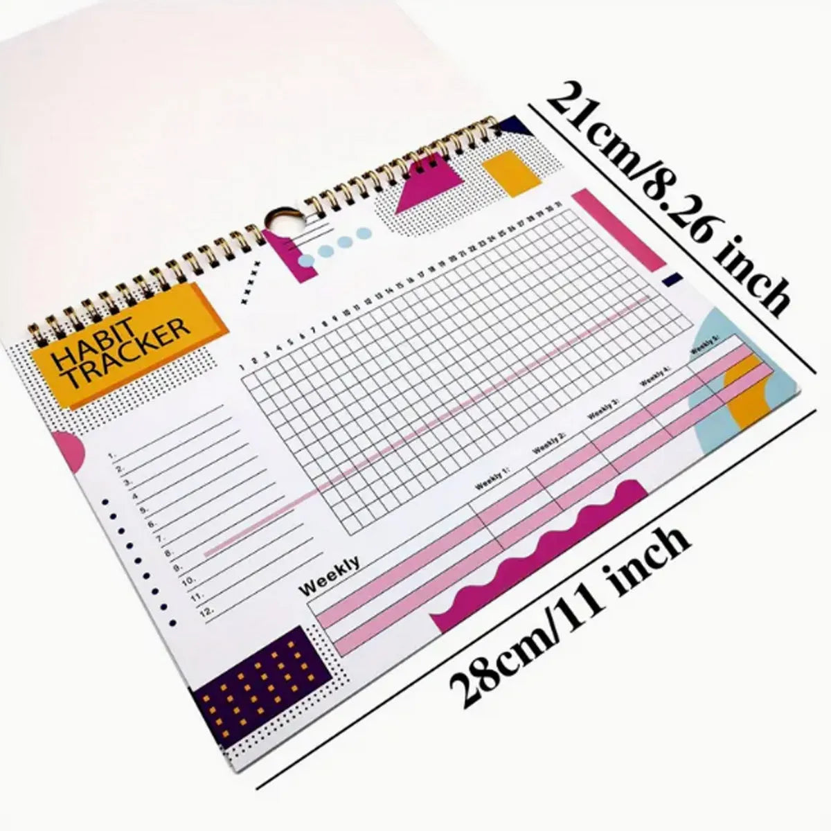 English habit tracking notebook with 12 pages in A4 21cm by 28cm format showing colour options