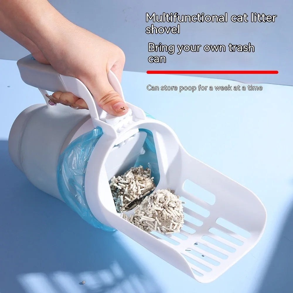Grey self-cleaning cat litter scoop with attached waste bin and foldable bottom