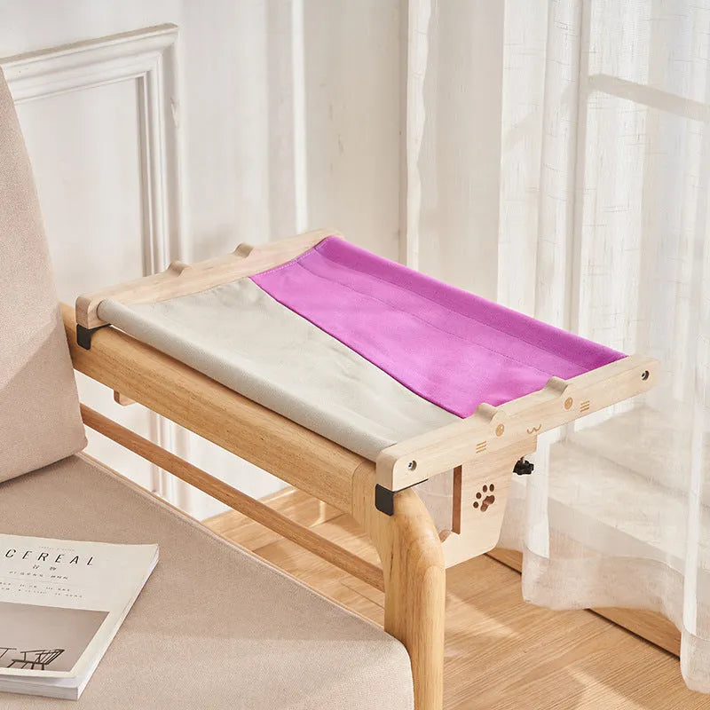 Wooden frame cat hammock hanging bed for balcony or window in one of seven available styles.