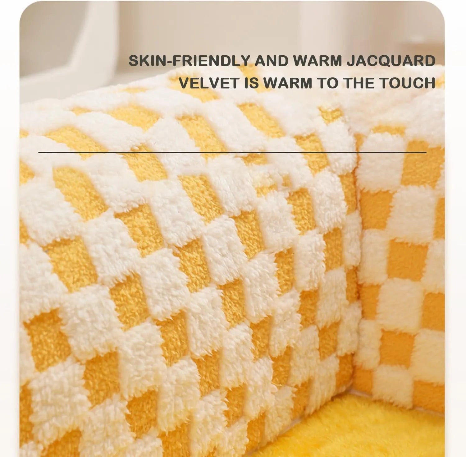 XL fan-shaped plush pet bed with integrated tunnel in coffee colour with plaid pattern