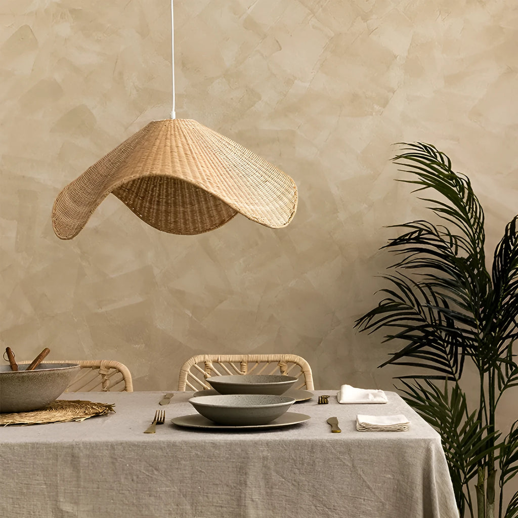 Handwoven straw rattan and willow bamboo pendant ceiling lamp with warm white LED light.