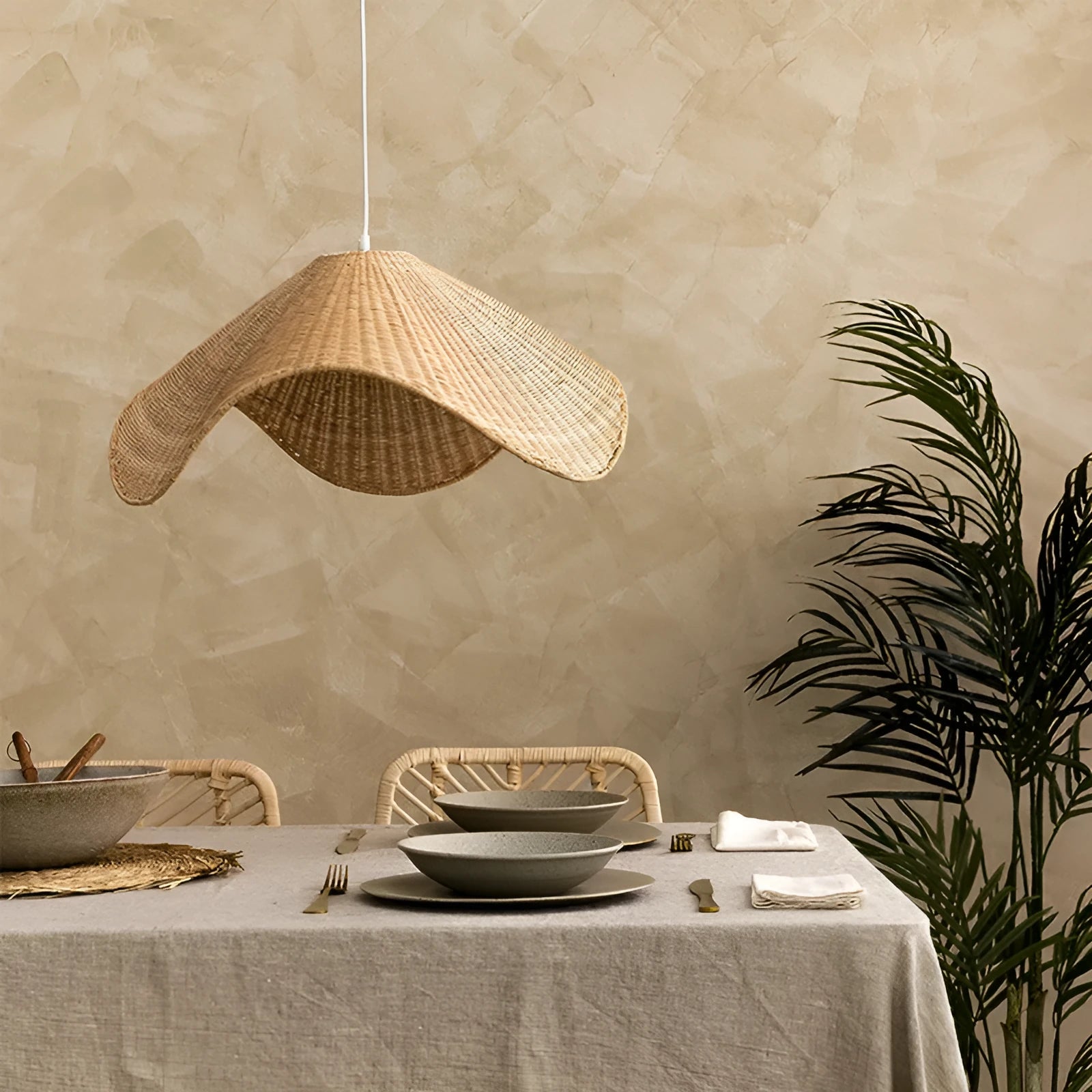 Handwoven straw rattan and willow bamboo pendant ceiling lamp with warm white LED light.