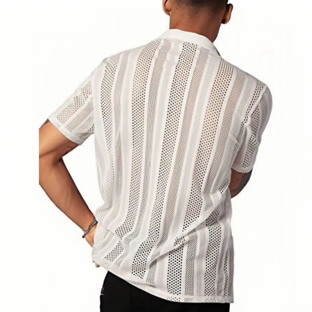 Men's white knitted short-sleeved shirt with button front and jacquard craft street fashion styling