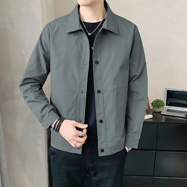 Men's thin Korean-style single-layer jacket in light grey, showing front view with long sleeves.