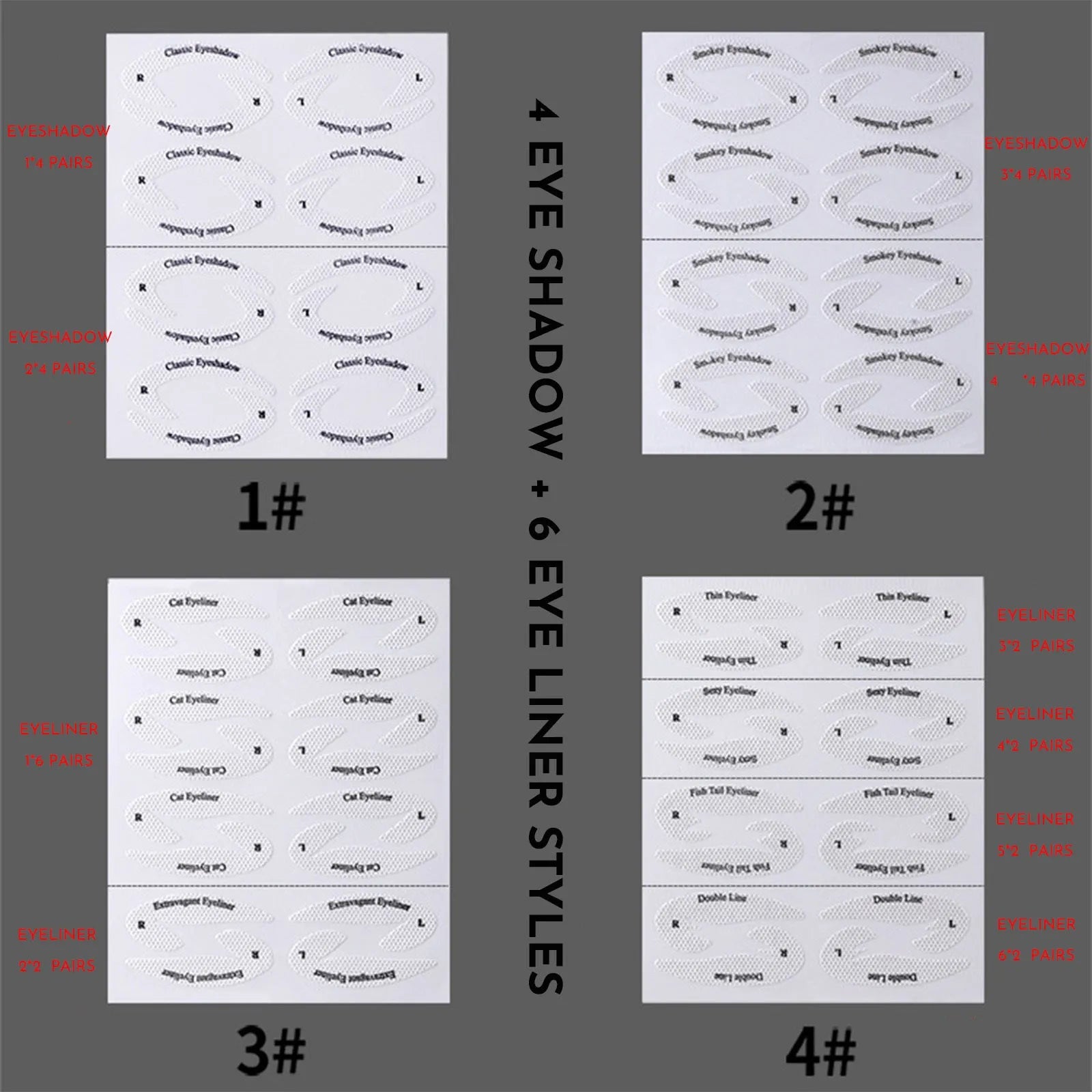 Four reusable eyeliner stencils for creating winged eyeliner and eyeshadow looks
