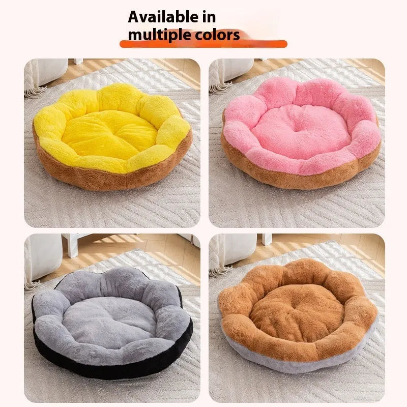 A round plush cat bed with a detachable cover, shown in a brown grey colour.