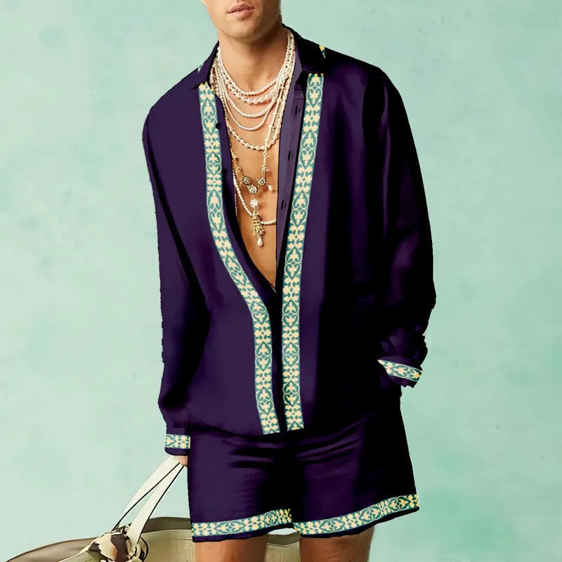 Casual summer shirt and shorts set in slim fit design with long sleeves