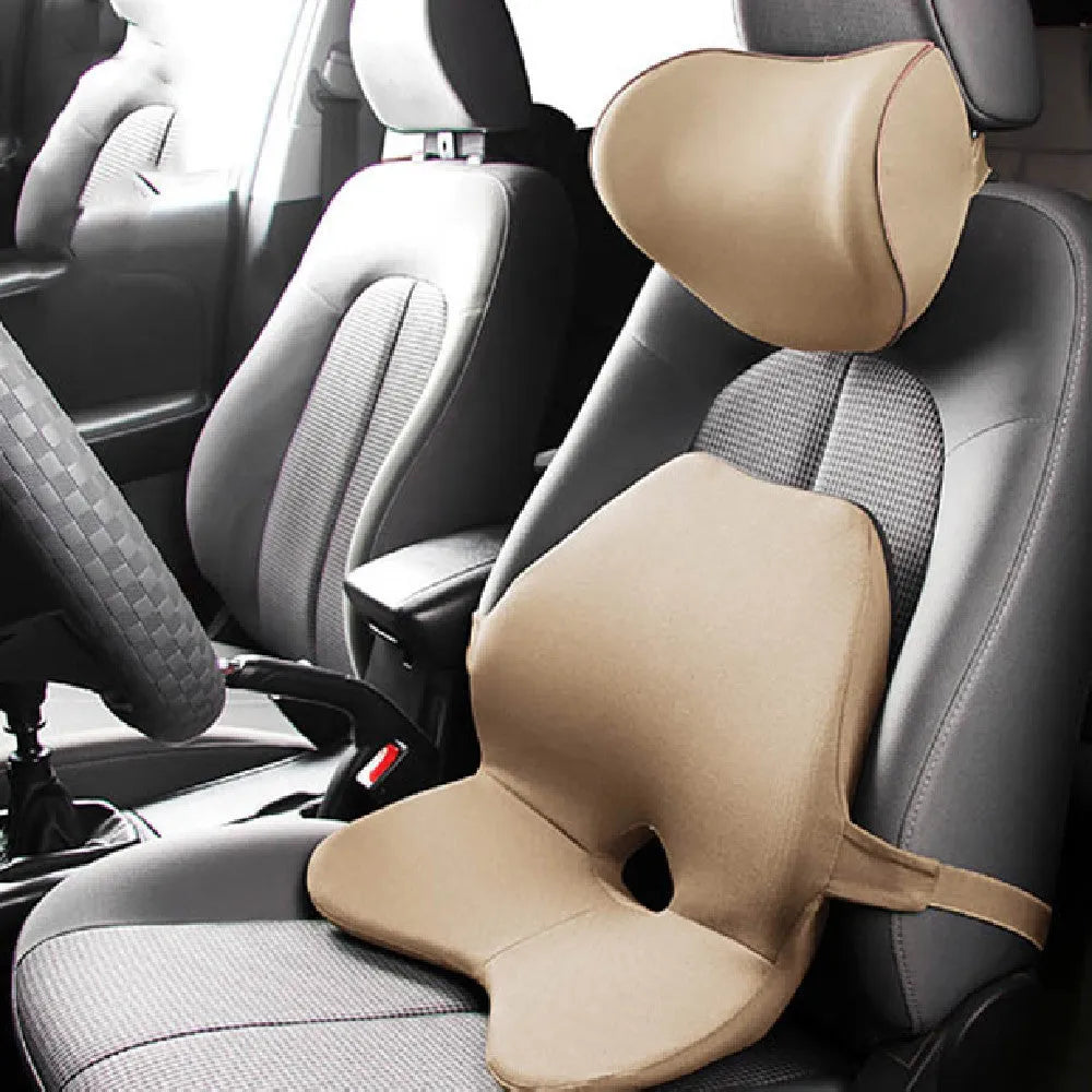 Memory foam car seat cushion and optional headrest in beige colour on a car seat